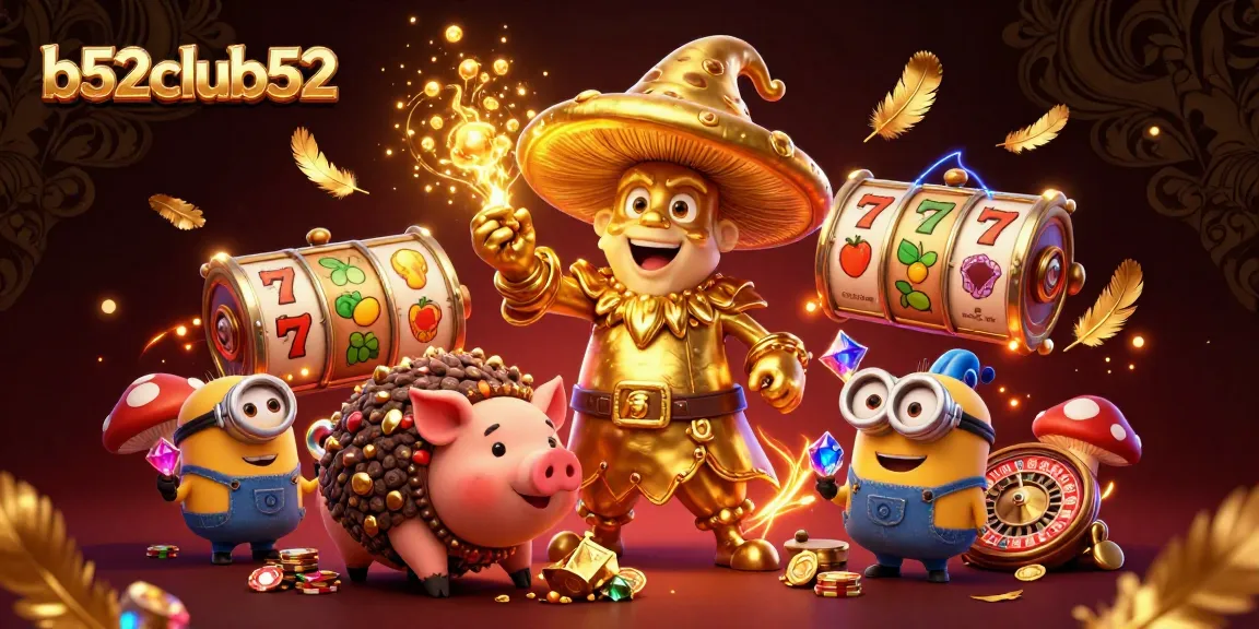 Experience the excitement of b52club52 with a golden mushroom wizard and treasure-hunting pig in a dynamic casino scene.