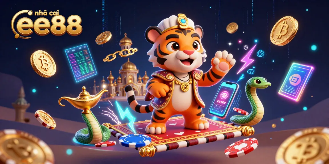 Experience the excitement at nhà cái ee88 with vibrant casino-themed 3D illustration, featuring a tiger sultan and crypto elements.
