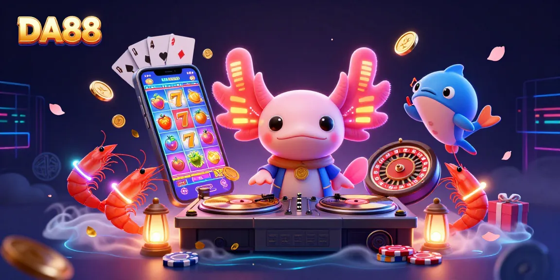 Spin and win at DA88 with an underwater casino featuring neon axolotl DJ, slot games, and festive shrimp dancers.