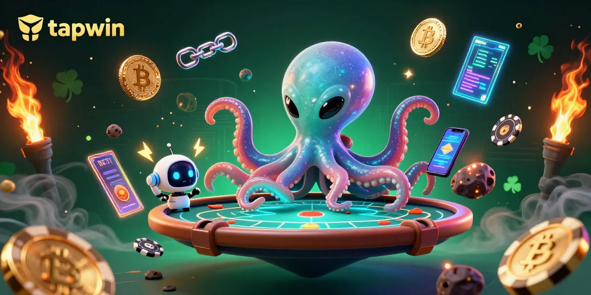 Engage with tapwin's vibrant alien poker experience amidst Bitcoin coins and holographic displays.