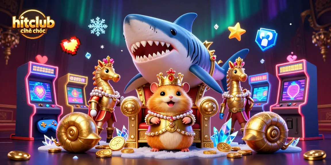 Experience hitclub chính thức in a vibrant, dynamic casino-themed illustration featuring a golden hamster king.