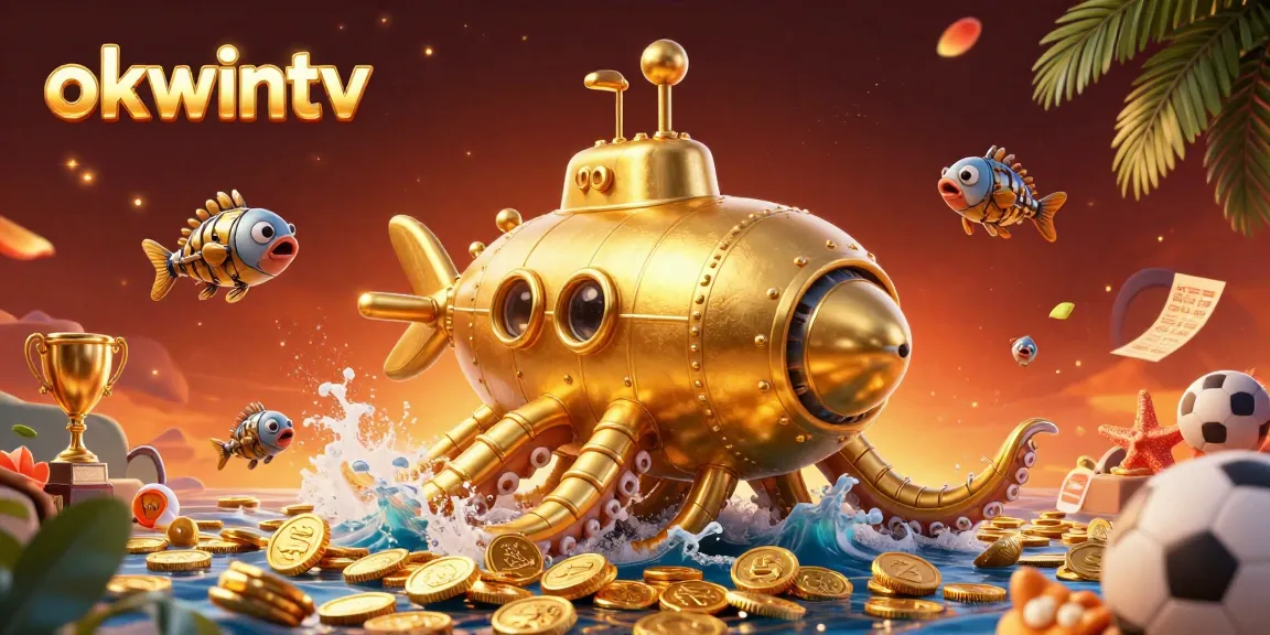 Experience thrilling sports betting with okwintv's dynamic illustration featuring a golden kraken submarine amidst gold coins.