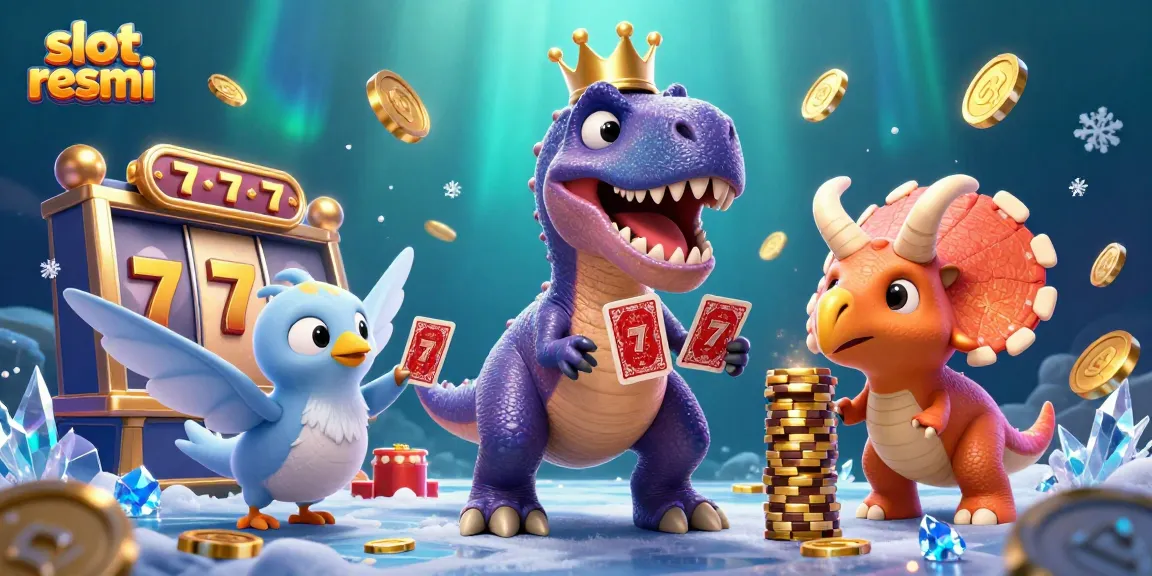 Engage with slot resmi as a T-Rex shuffles cards while a triceratops stacks chips in this vibrant casino scene.