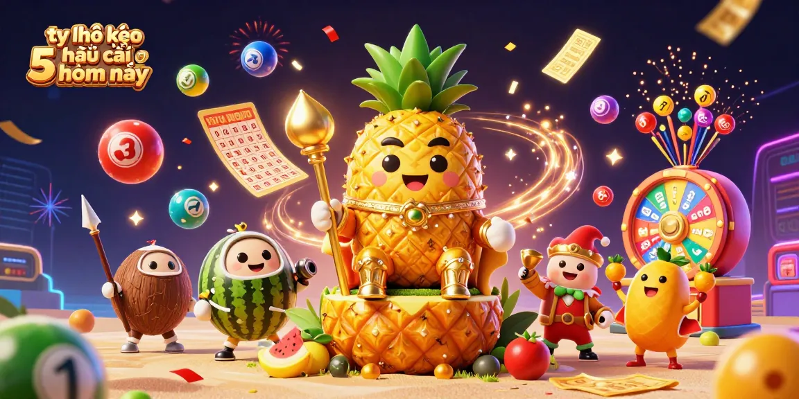 Engage in tỷ lệ kèo nhà cái 5 hôm nay with a lively casino scene featuring pineapple king, coconut guards, and colorful lottery elements.