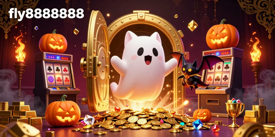 Experience the haunted thrills of fly88888888 with a friendly ghost cat and vampire bat amid glowing casino treasures.