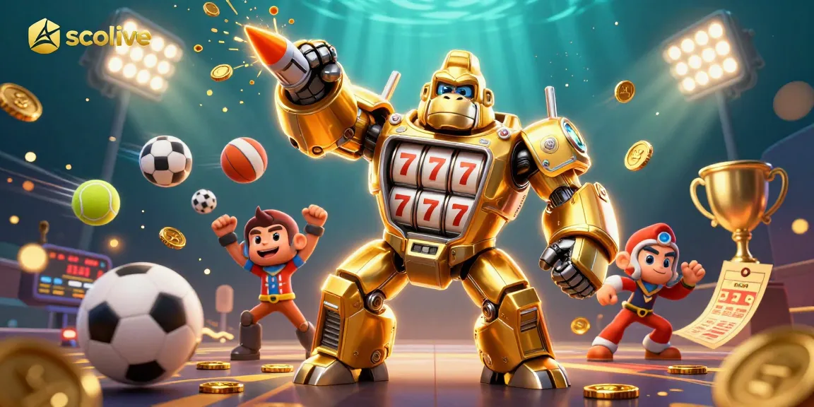 Socolive's golden gorilla mech powerfully punches upward amidst dynamic sports betting elements and a rich casino atmosphere.