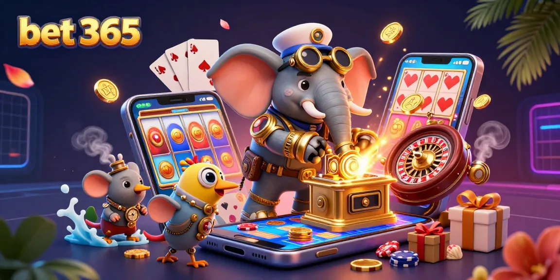 Experience bet 365 with a steampunk elephant operating a golden slot machine among casino elements.