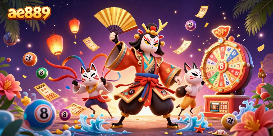 Engage in thrilling gaming excitement with ae889’s vibrant illustration of casino characters and lottery elements.