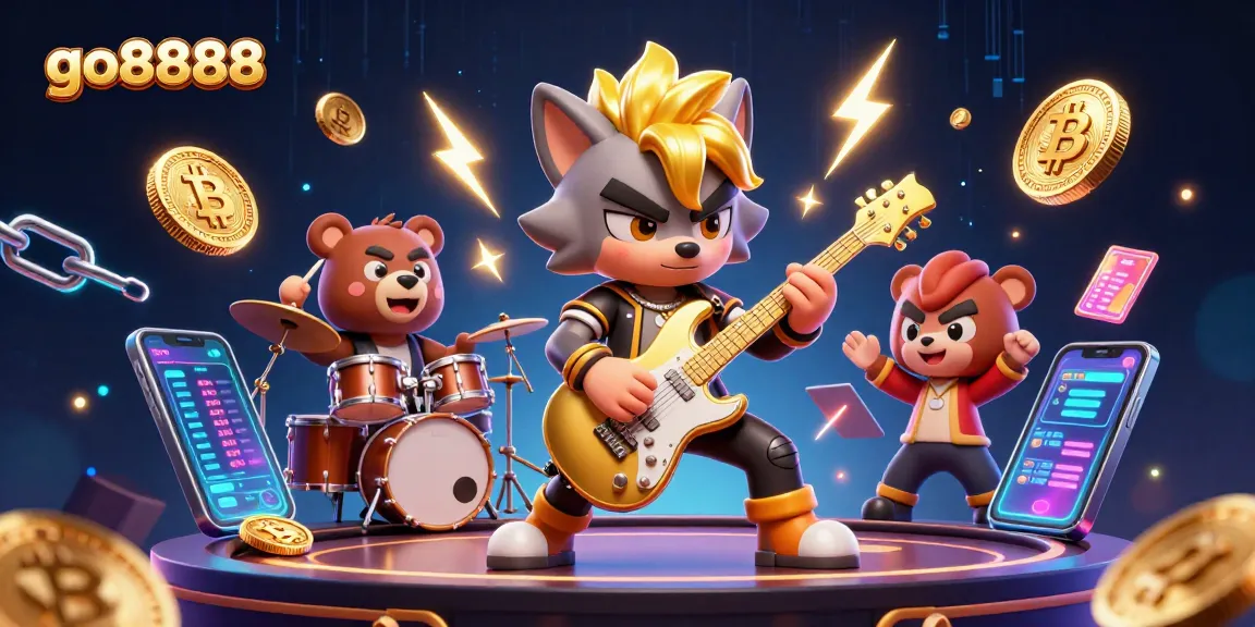 Witness the excitement at go8888 with a rock star wolf and drummer bear on stage surrounded by enchanting gaming elements.