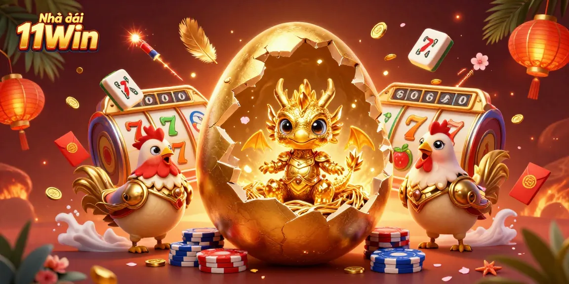 Engage with Nhà cái 11Win in this vibrant casino scene featuring a baby dragon and golden poker chips.
