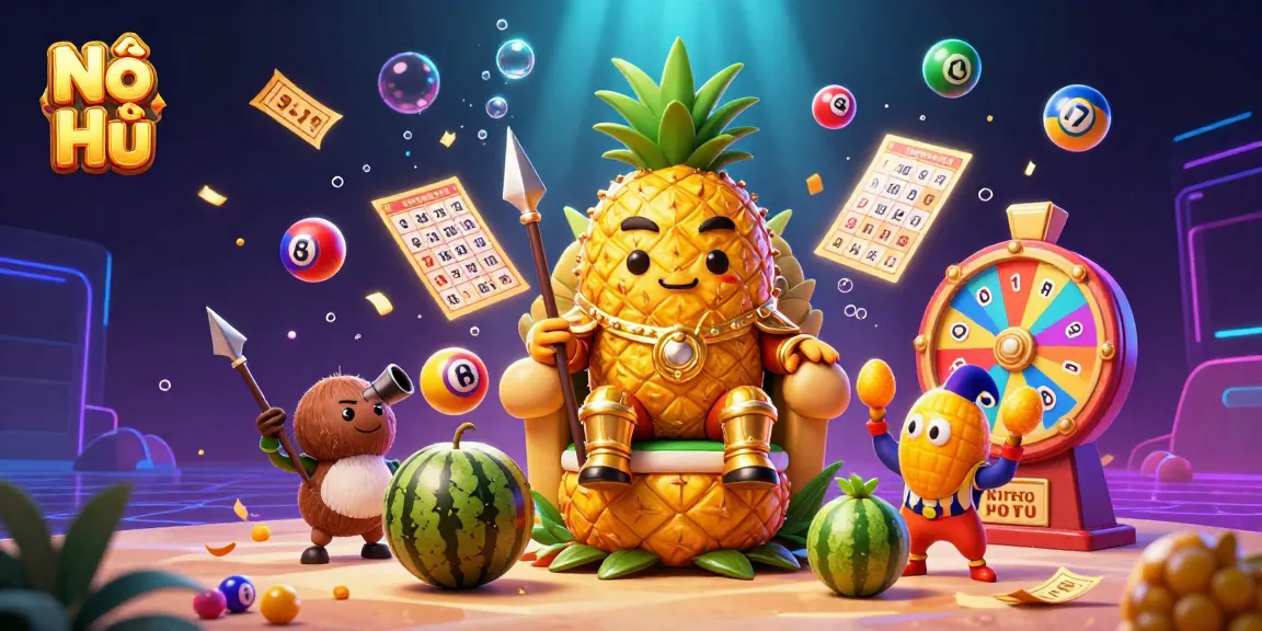 Nổ Hũ: Engage in thrilling casino fun with a vibrant scene of lottery elements and characters!