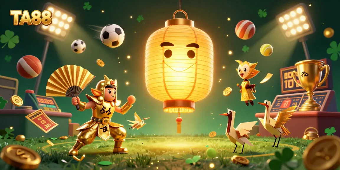 Experience TA88 at a lively casino scene, featuring golden lantern spirits and dynamic sports elements.