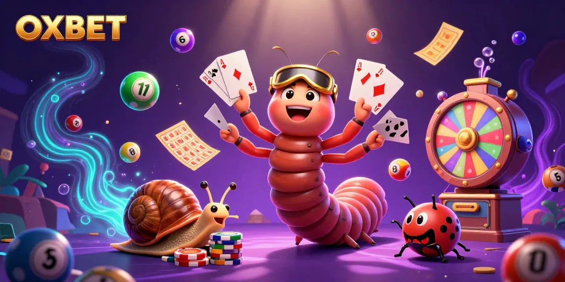 Engage with OXBET through a lively casino scene featuring a playful millipede dealer.