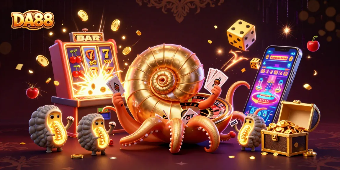 Experience thrilling gaming at DA88 with a vibrant 3D illustration showcasing exciting casino elements.