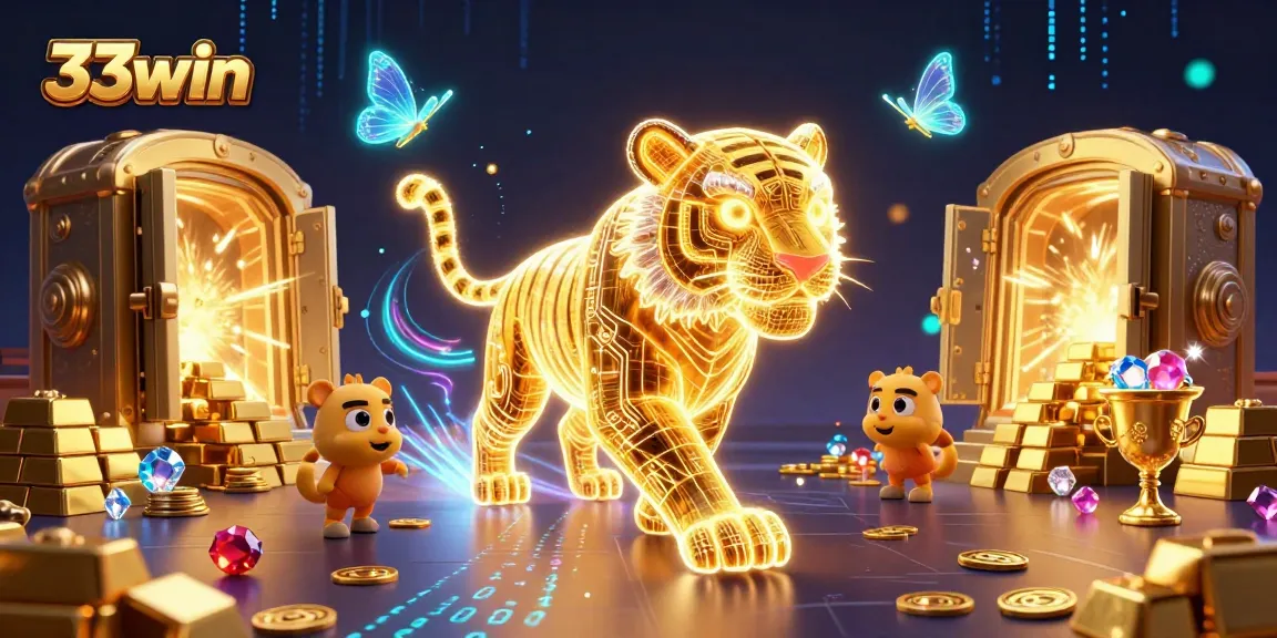 33win shines brightly in a vibrant digital casino scene with a golden tiger and holographic butterflies.