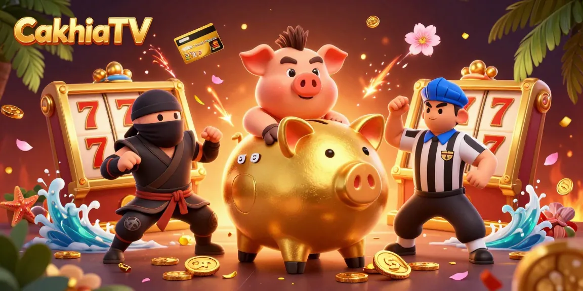 CakhiaTV features a dynamic scene with a golden piggy bank sumo wrestler and a credit-card samurai amidst slot reels and festive elements.