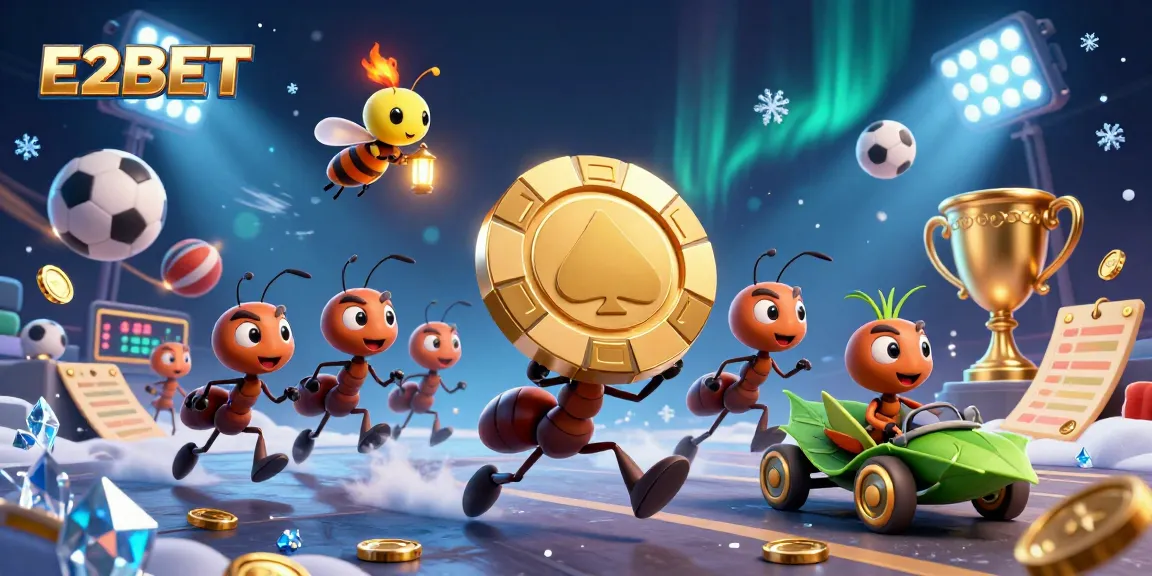 E2BET showcases a heist scene with cartoon ants stealing a poker chip amidst lively sports elements.