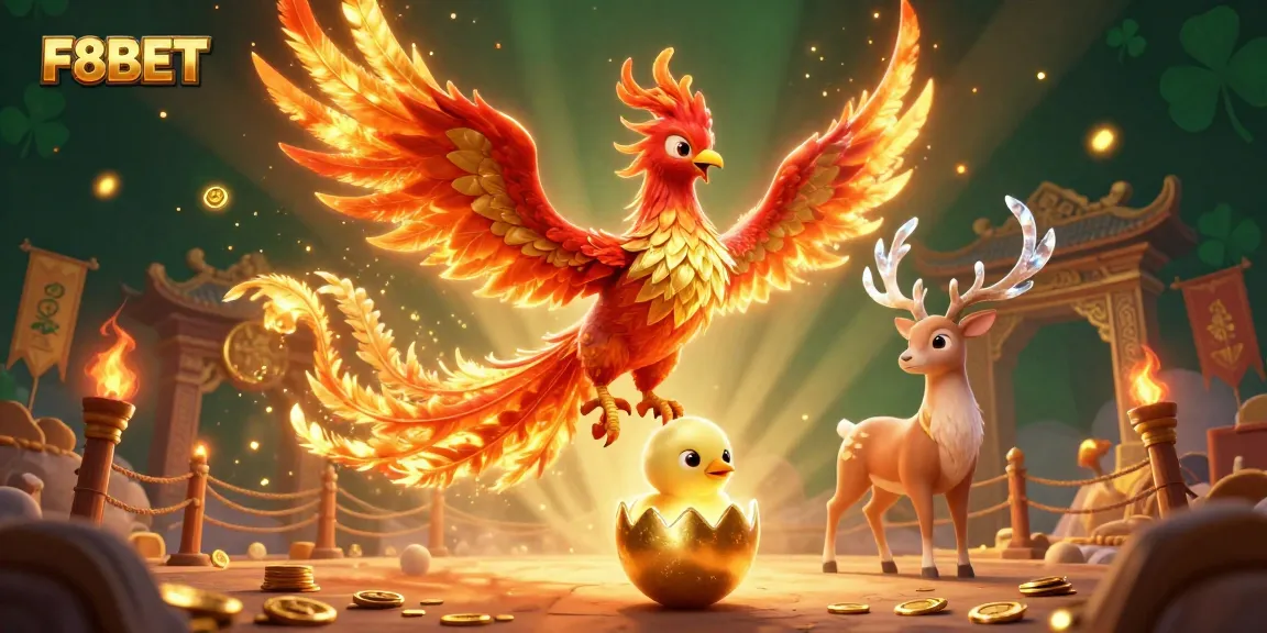 Experience the thrill of betting with F8BET's fiery phoenix and magical stag in this 3D casino illustration.