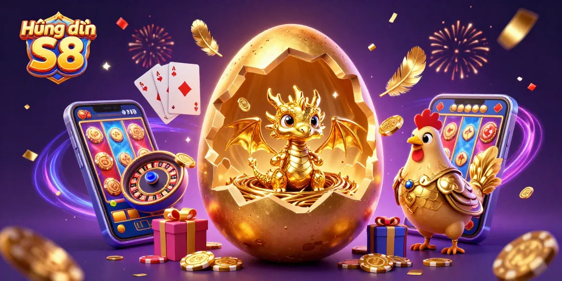 Experience Hướng dẫn S8 with a dazzling 3D illustration showcasing gambling excitement and golden rewards.