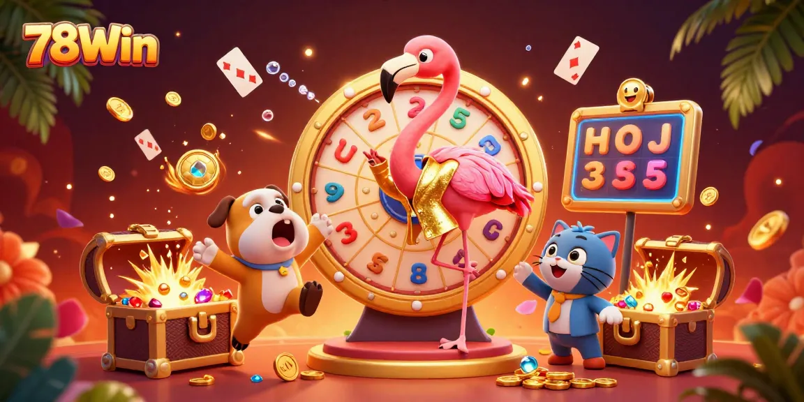 Experience the thrill of 78Win with a lively game show scene featuring a flamingo host and exciting prizes.